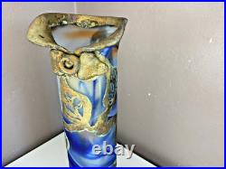 Vase Soliflore en Pate de Verre Signé Ornement métal doré Art Nouveau 35 cm