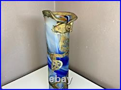 Vase Soliflore en Pate de Verre Signé Ornement métal doré Art Nouveau 35 cm
