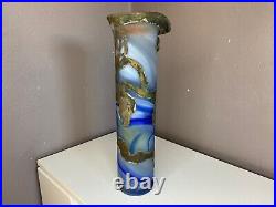 Vase Soliflore en Pate de Verre Signé Ornement métal doré Art Nouveau 35 cm