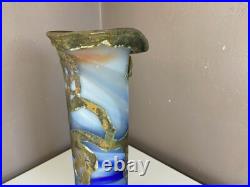 Vase Soliflore en Pate de Verre Signé Ornement métal doré Art Nouveau 35 cm