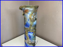 Vase Soliflore en Pate de Verre Signé Ornement métal doré Art Nouveau 35 cm