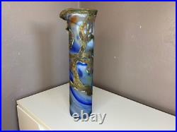 Vase Soliflore en Pate de Verre Signé Ornement métal doré Art Nouveau 35 cm