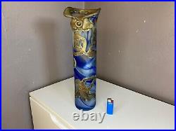 Vase Soliflore en Pate de Verre Signé Ornement métal doré Art Nouveau 35 cm