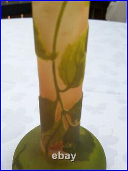 Vase Soliflore en Verre multicouche, Décor végétal dégagé à l'Acide, signé Gallé