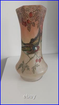 Vase Verre Peint Et Émaillé Oiseau Legras