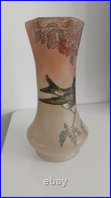 Vase Verre Peint Et Émaillé Oiseau Legras