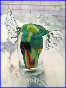 Vase Verre Souffle A Inclusions Stylise Et Moderniste- Signe J. Michel Gauthier