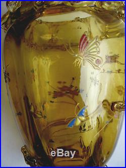 Vase à la Salamandre d'Auguste JEAN Art Nouveau verre ambre émaillé de papillons