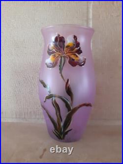 Vase ancien Verre émaillé Art Nouveau décor de Fleurs orchidées signé LEGRAS Vase ancien Verre émaillé Art Nouveau décor de Fleurs orchidées signé LEGRAS