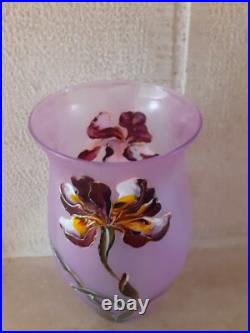 Vase ancien Verre émaillé Art Nouveau décor de Fleurs orchidées signé LEGRAS Vase ancien Verre émaillé Art Nouveau décor de Fleurs orchidées signé LEGRAS