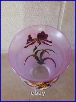 Vase ancien Verre émaillé Art Nouveau décor de Fleurs orchidées signé LEGRAS Vase ancien Verre émaillé Art Nouveau décor de Fleurs orchidées signé LEGRAS