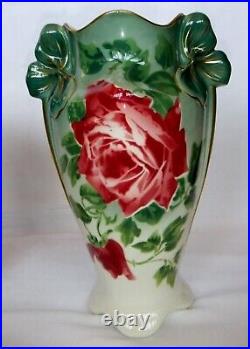 Vase art nouveaux paire KG Lunéville dorure décor fleur rose soliflore barbotine