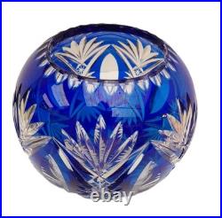 Vase en Cristal Taillé Soufflé Overlay Bleu Cobalt, H 13 cm, Décor de Palmettes