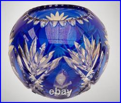 Vase en Cristal Taillé Soufflé Overlay Bleu Cobalt, H 13 cm, Décor de Palmettes