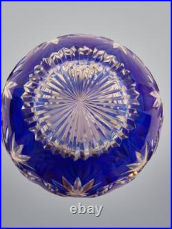 Vase en Cristal Taillé Soufflé Overlay Bleu Cobalt, H 13 cm, Décor de Palmettes