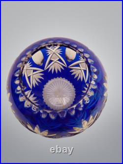 Vase en Cristal Taillé Soufflé Overlay Bleu Cobalt, H 13 cm, Décor de Palmettes