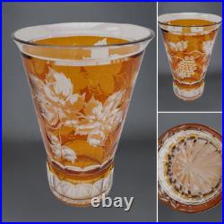 Vase en Cristal Taillé doublé Orange, H 20 cm, Décor feuilles Grappes de Raisin