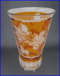 Vase en Cristal Taillé doublé Orange, H 20 cm, Décor feuilles Grappes de Raisin