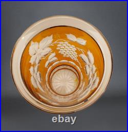 Vase en Cristal Taillé doublé Orange, H 20 cm, Décor feuilles Grappes de Raisin