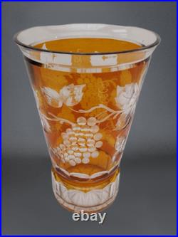 Vase en Cristal Taillé doublé Orange, H 20 cm, Décor feuilles Grappes de Raisin