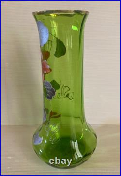 Vase en verre émaillé vert à décor floral de pensées or art nouveau 1900