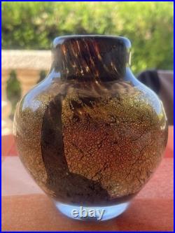 Vase en verre soufflé Jean-Claude Novaro 1984 Feuilles d'or Biot