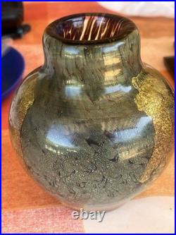 Vase en verre soufflé Jean-Claude Novaro 1984 Feuilles d'or Biot