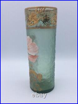 Vase en verre soufflé givré doré émaillé à décor floral signé Legras Montjoye