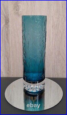 Vase rouleau cristal bleu decor feuillage oiseau pied sulfure Etiquette Souvigny