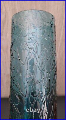 Vase rouleau cristal bleu decor feuillage oiseau pied sulfure Etiquette Souvigny