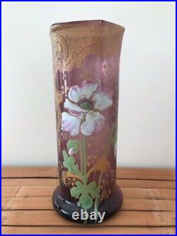 Vase rouleau style Legras en verre émaillé améthyste Art Nouveau 1900