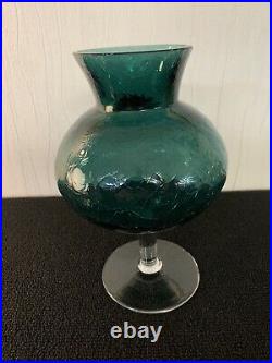 Vase soufflé bleu turquoise foncé craquelé en verre