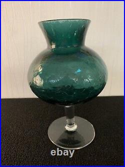 Vase soufflé bleu turquoise foncé craquelé en verre