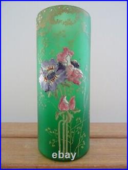 Vase tube décor émaillé FRANCOIS THEODORE LEGRAS art nouveau décor pavots VERT
