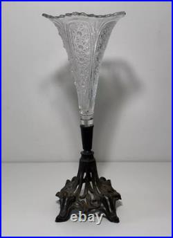 Vase tulipier en verre sur pied en métal, vase tulipe ancien, soliflore cornet