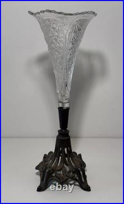 Vase tulipier en verre sur pied en métal, vase tulipe ancien, soliflore cornet
