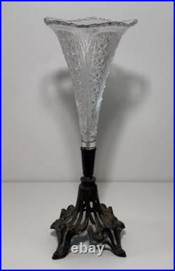 Vase tulipier en verre sur pied en métal, vase tulipe ancien, soliflore cornet