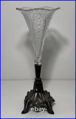 Vase tulipier en verre sur pied en métal, vase tulipe ancien, soliflore cornet
