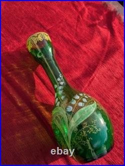 Vase verre émaillé branches de muguet et papillons ancien 1900