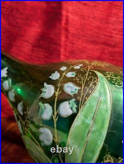 Vase verre émaillé branches de muguet et papillons ancien 1900