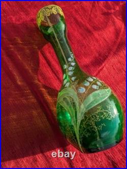 Vase verre émaillé branches de muguet et papillons ancien 1900