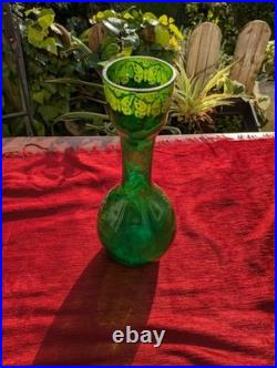 Vase verre émaillé branches de muguet et papillons ancien 1900