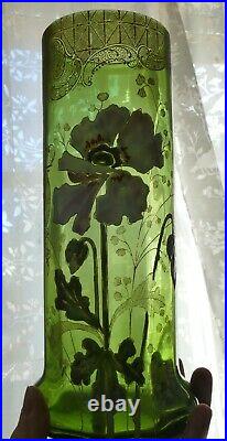 Vase verre émaillé vert Legras modèle Rivoli Art Nouveau 1900 Décor Pavots