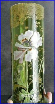Vase verre émaillé vert Legras modèle Rivoli Art Nouveau 1900 Décor Pavots
