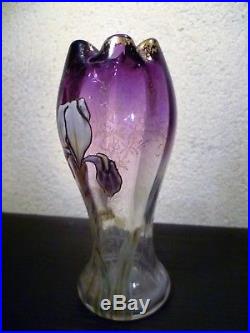 Vase verre soufflé émaillé à collerette décor d'iris ART NOUVEAU Legras Montjoye