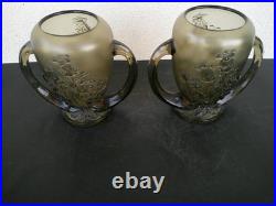 Vases Art Deco Verre Presse Moule Fume Les Campanules Verlys France Rare Paire