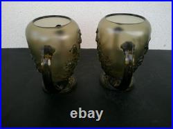 Vases Art Deco Verre Presse Moule Fume Les Campanules Verlys France Rare Paire