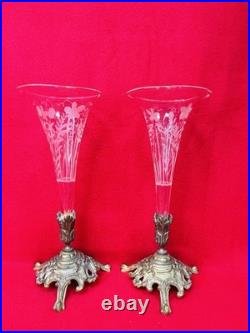 Vases Cornets en Cristal Gravé sur Monture en Bronze XIX ème Art Nouveau