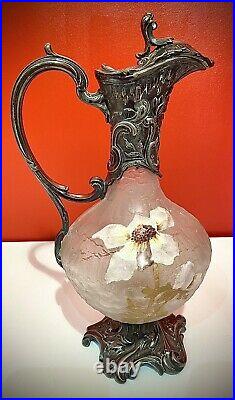 Victor SAGLIER (1809-1894)- Aiguière en verre soufflé givré émaillée Art Nouveau