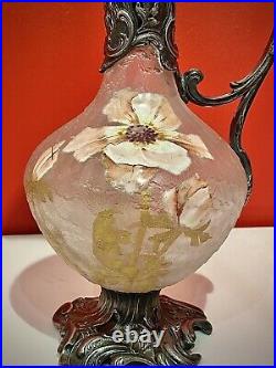 Victor SAGLIER (1809-1894)- Aiguière en verre soufflé givré émaillée Art Nouveau